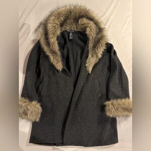 Jones New York Dark Gray Wool Trench Coat with Faux Fur Trim